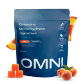 OMNI Creatine gummies peach bottle for on-the-go muscle support and easy dosing.