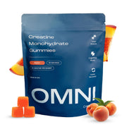 OMNI Creatine gummies peach bottle for on-the-go muscle support and easy dosing.