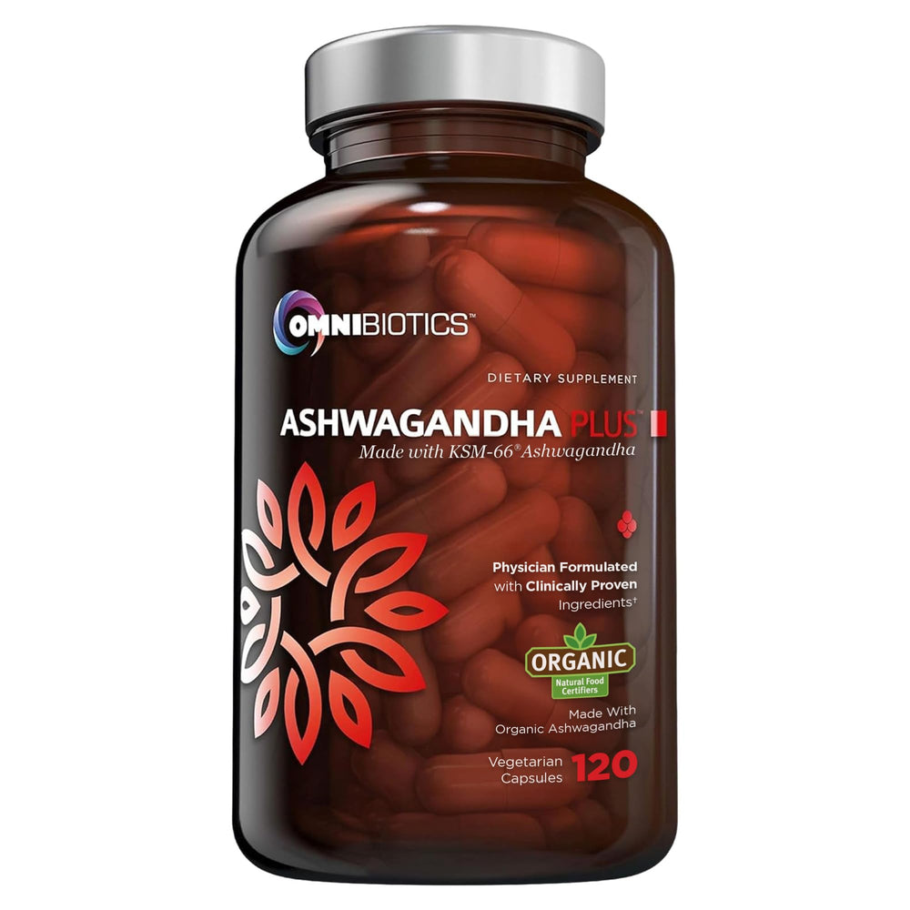 OmniBiotics Ashwagandha bottle front view highlighting premium stress-support formula