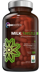 OmniBiotics Milk Thistle bottle shows 1500mg 4x concentrate for liver support.
