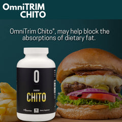OmniTRIM Chito label close-up showing chitosan from shellfish and dosage guidance.