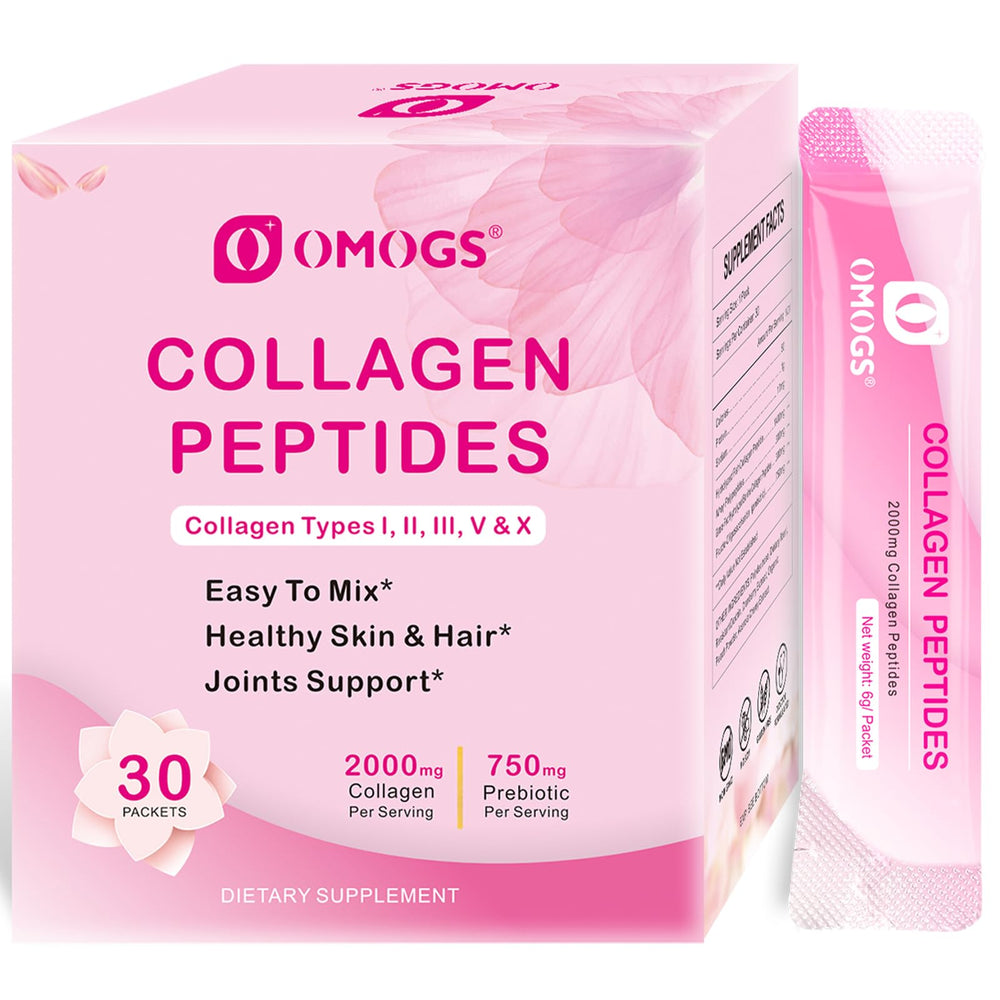 OMOGS Collagen Powder tub close-up, showcasing premium texture for skin and hair