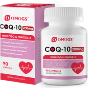 OMOGS CoQ10 softgels bottle shows high-absorption formula for heart and energy support.