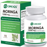 OMOGS Moringa Capsules bottle on shelf supports daily energy and balanced nutrition.