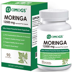 OMOGS Moringa Capsules bottle on shelf supports daily energy and balanced nutrition.