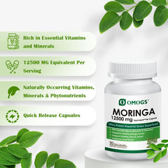 OMOGS Moringa leaves plant highlights natural source of vitamins and minerals.