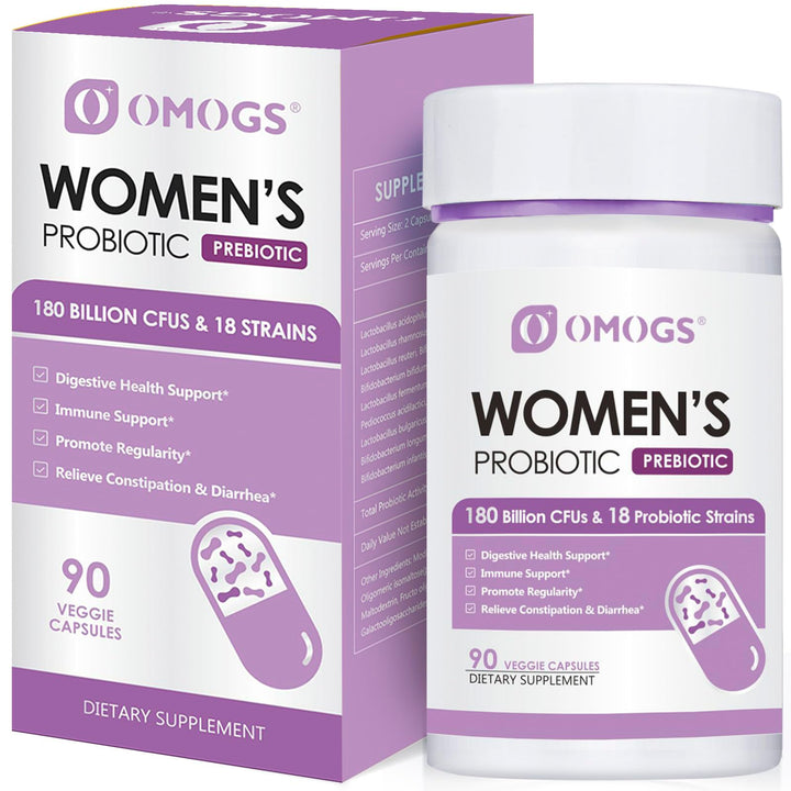 OMOGS Women's Probiotic bottle supports digestive balance and everyday wellness.
