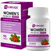 OMOGS women's probiotic bottle highlighting 90B CFUs for digestive support.