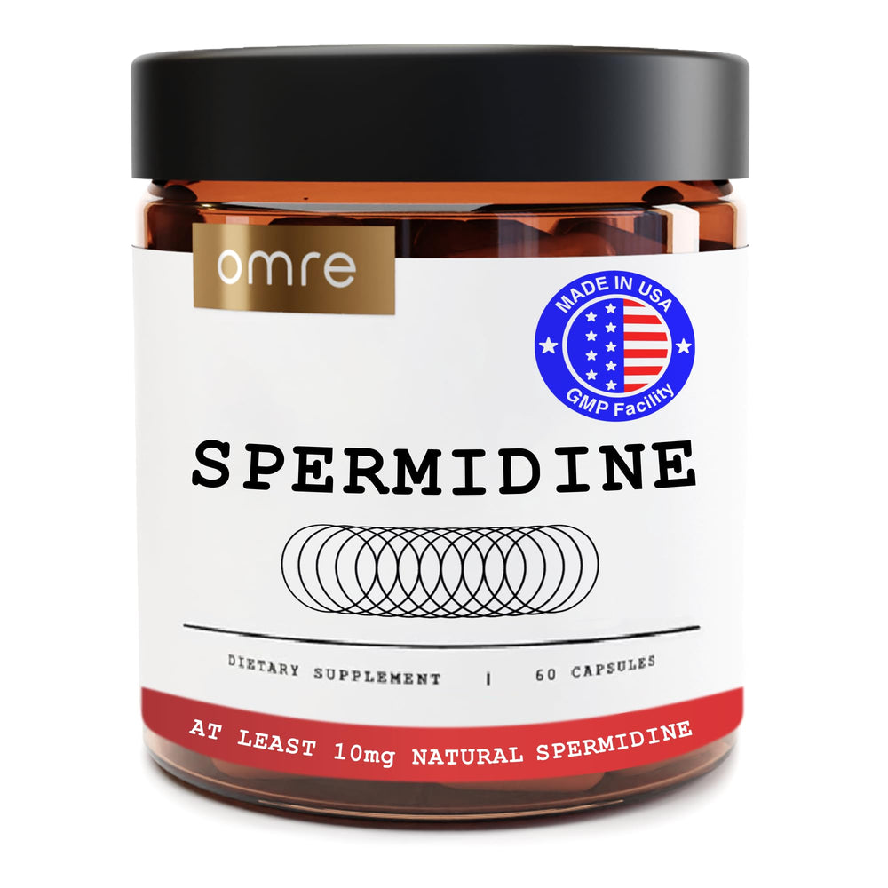OMRE Spermidine supplement bottle displaying natural ingredients and label clarity