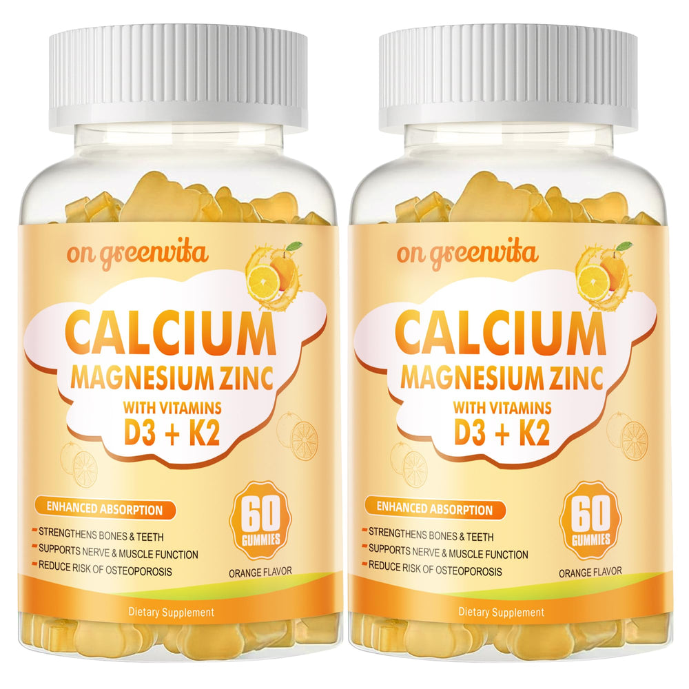 On Greenvita calcium magnesium zinc gummies orange bottle for daily mineral support
