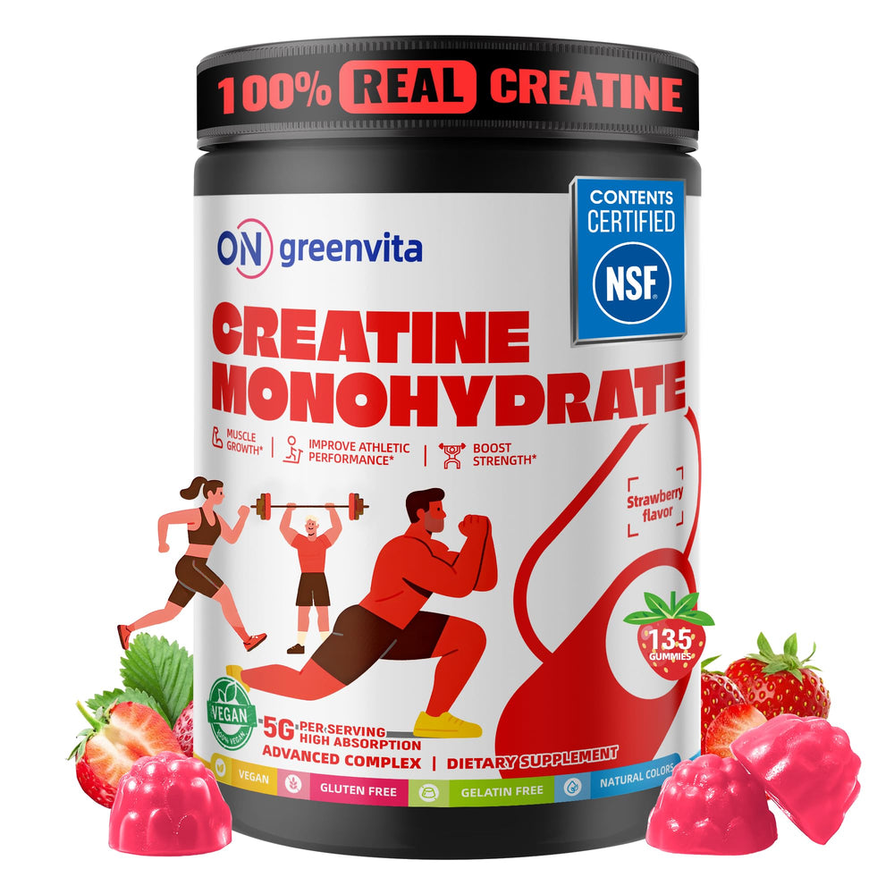 on greenvita creatine gummy bottle shows 5g dose for daily strength and focus
