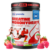 on greenvita creatine gummy bottle shows 5g dose for daily strength and focus