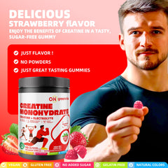 on greenvita creatine gummy closeup highlights glossy strawberry flavor