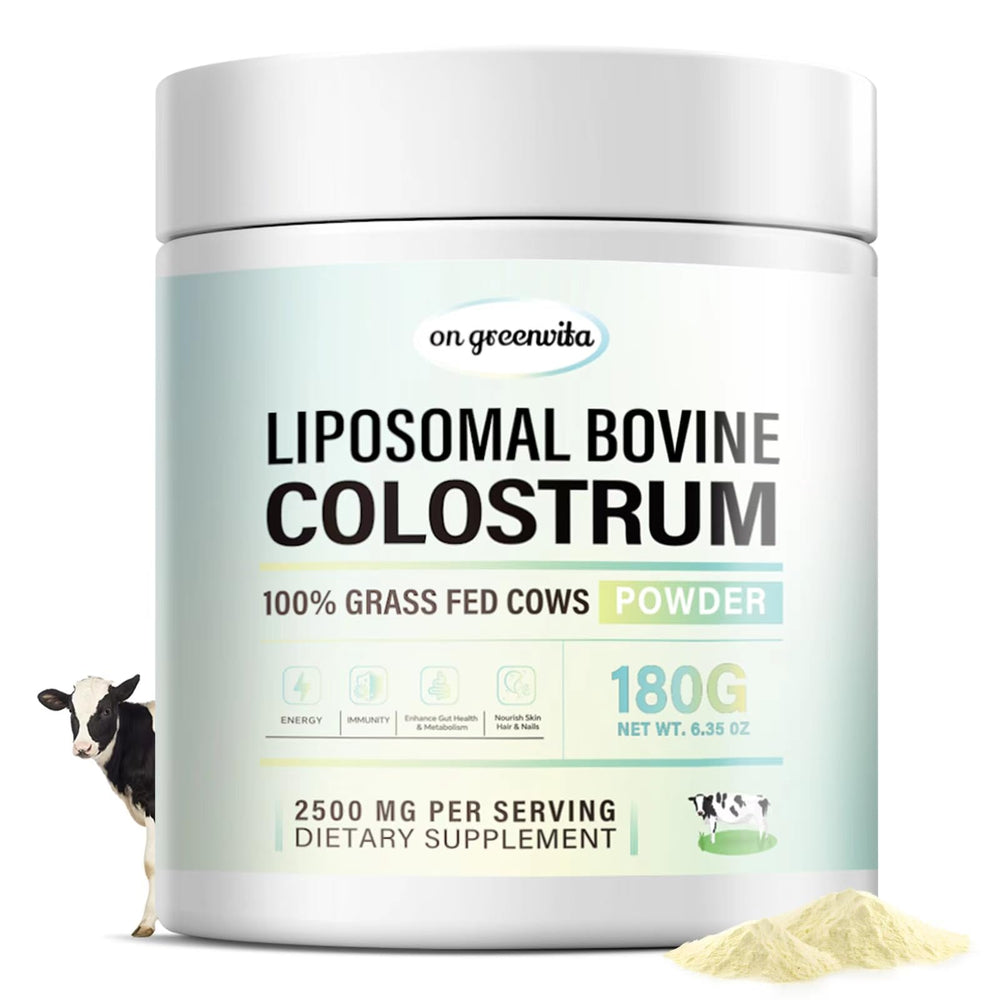 On Greenvita liposomal bovine colostrum powder tin highlighting gut support potential