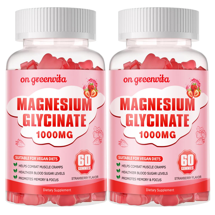on greenvita magnesium glycinate gummies strawberry bottle front for daily calming support