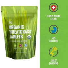 Close-up of On Target Living Wheatgrass Tablets highlighting mineral-rich texture