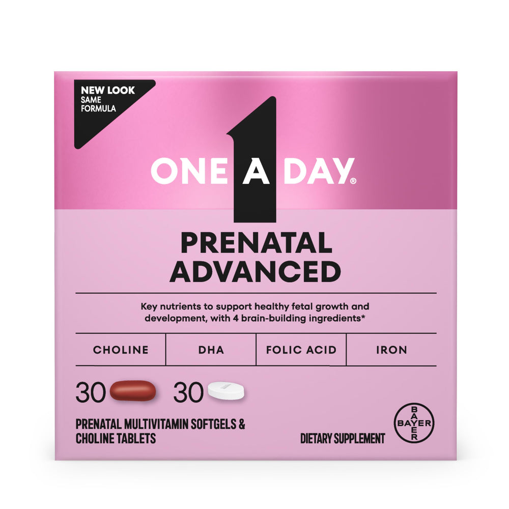 One A Day Prenatal Advanced bottle with pills supporting prenatal brain nutrition