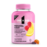 One A Day Prenatal Gummies lemon bottle close-up for gentle prenatal support.