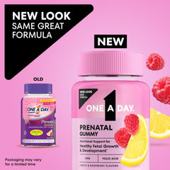 One A Day Prenatal Gummies raspberry bottle highlighting flavor and easy daily nutrition.