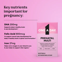 One A Day prenatal iron-DHA softgels close-up highlighting essential daily nutrition.