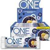 ONE Blueberry Cobbler protein bar front view with gluten-free branding and high protein