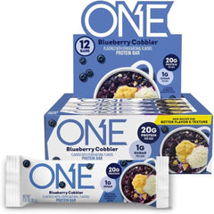 ONE Blueberry Cobbler protein bar front view with gluten-free branding and high protein