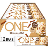 ONE Cinnamon Roll Bar packaging highlights gluten-free protein for on-the-go snacking.