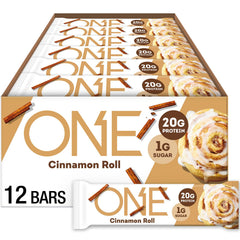 ONE Cinnamon Roll Bar packaging highlights gluten-free protein for on-the-go snacking.