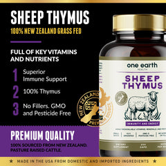 One Earth Health thymus gland bottle label emphasizing 100% thymus content.