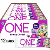 ONE Fruity Cereal Bar packaging front; grab-and-go snack ready for busy mornings.