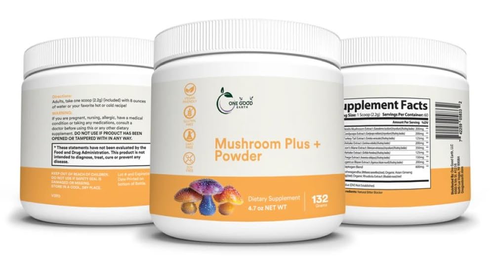 One Good Earth Mushroom Plus bottle with Lion's Mane for cognitive support