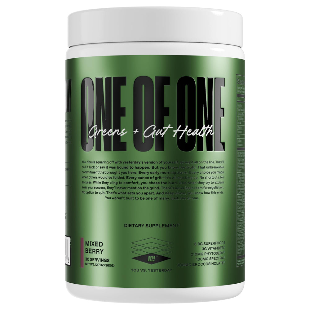 ONE OF ONE Greens & Gut Health tub label shows premium ingredients for daily wellness