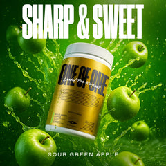 ONE OF ONE Loaded Pre-Workout Sour Green Apple glass shows hydration context.