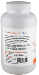 Front-facing bottle highlights vegan, gluten-free Nano Curcumin Plus formula for clean living.