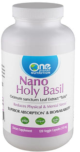 One Planet Nutrition Nano Holy Basil bottle image showing 120 servings for daily stress support.