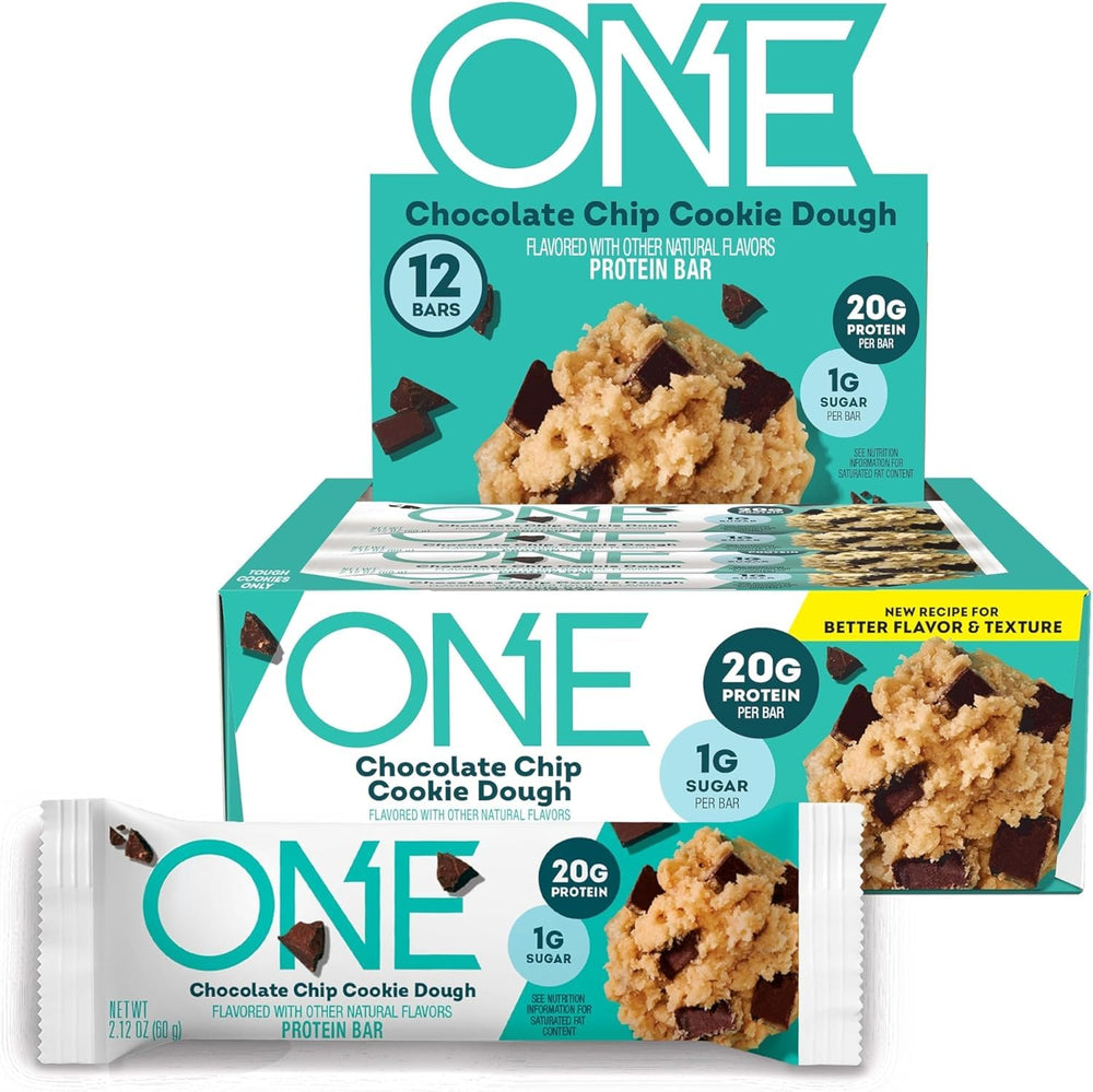 ONE Protein Bars chocolate chip cookie dough bar front view, high-protein snack for workouts