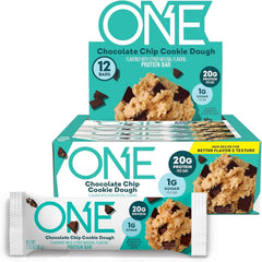 ONE Protein Bars chocolate chip cookie dough bar front view, high-protein snack for workouts