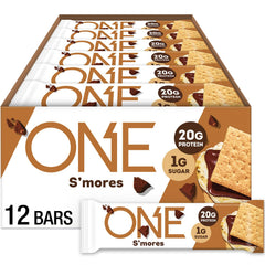ONE Protein Bars Smores packaging showing gluten-free, high-protein on-the-go snacking.