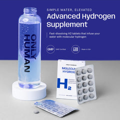 ONLY HUMAN H2 tablets dissolve in a glass to create refreshing hydrogen fizz.