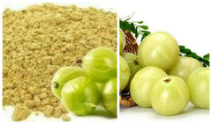 OnMexa Amla Powder jar with scoop suggests daily use in smoothies or teas