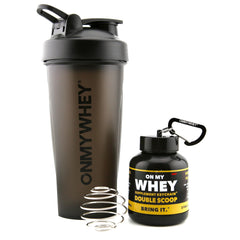 OnMyWhey protein shaker bottle with built-in whisk for smooth blends.