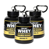 ONMYWHEY travel bottle pour shows mess-free, on-the-go powder mixing for shakes.
