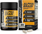ONNIT Alpha Brain bottle front view for focused daily use and cognitive support.