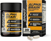 ONNIT Alpha Brain bottle front view for focused daily use and cognitive support.