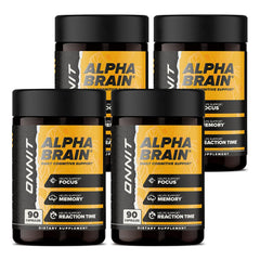 ONNIT Alpha Brain bottle front promotes daily focus and mental clarity.