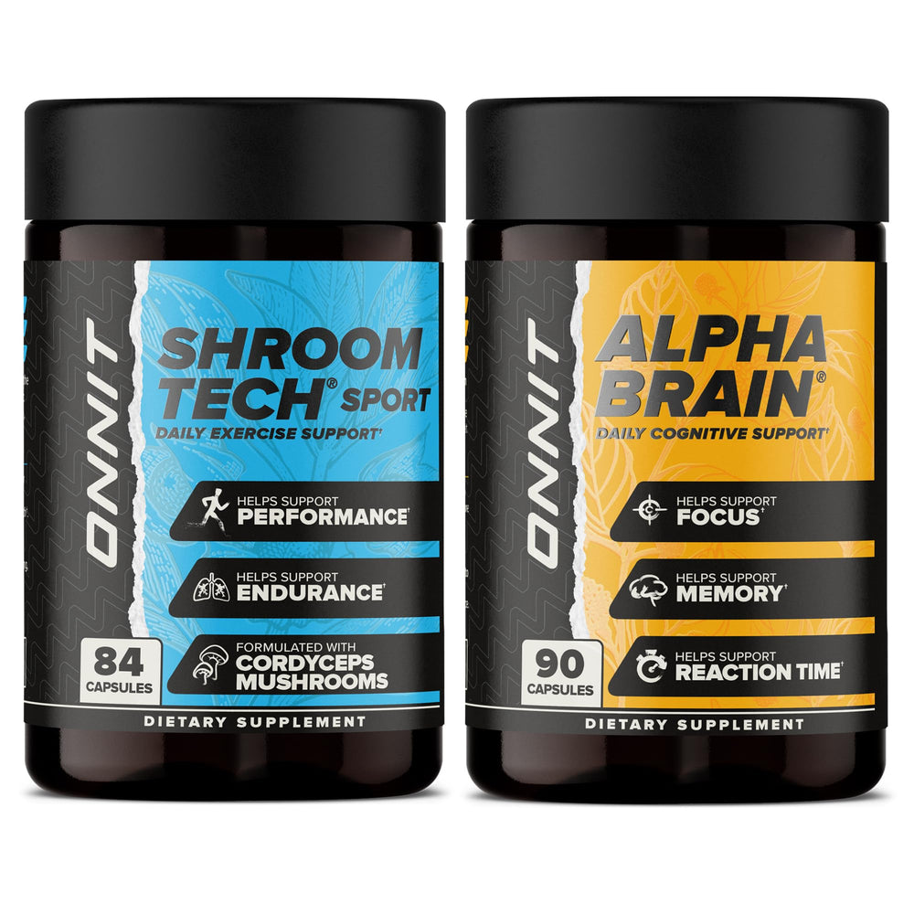 ONNIT Alpha Brain bottle highlighting caffeine-free focus and memory support.