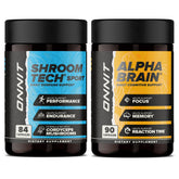 ONNIT Alpha Brain bottle highlighting caffeine-free focus and memory support.