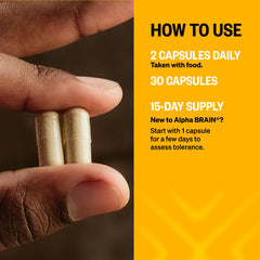 ONNIT Alpha Brain capsules close-up illustrating a caffeine-free nootropic option for steady focus.