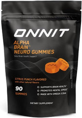 ONNIT Alpha Brain Neuro Gummies bottle shows omega-3s for mental clarity and focus.