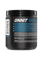 ONNIT Creatine Monohydrate Powder label close-up conveys a pure, unflavored formula.